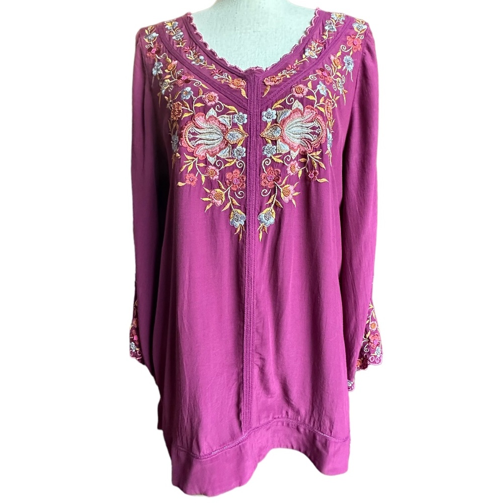 Soft Surroundings Pink Beaded Embroidered Boho Blouse Sz M - Picture 5 of 10